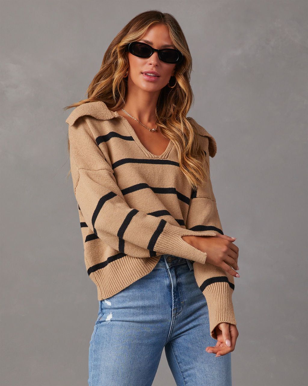 Jessie Striped Knit Collared Pullover Sweater sold by Vici