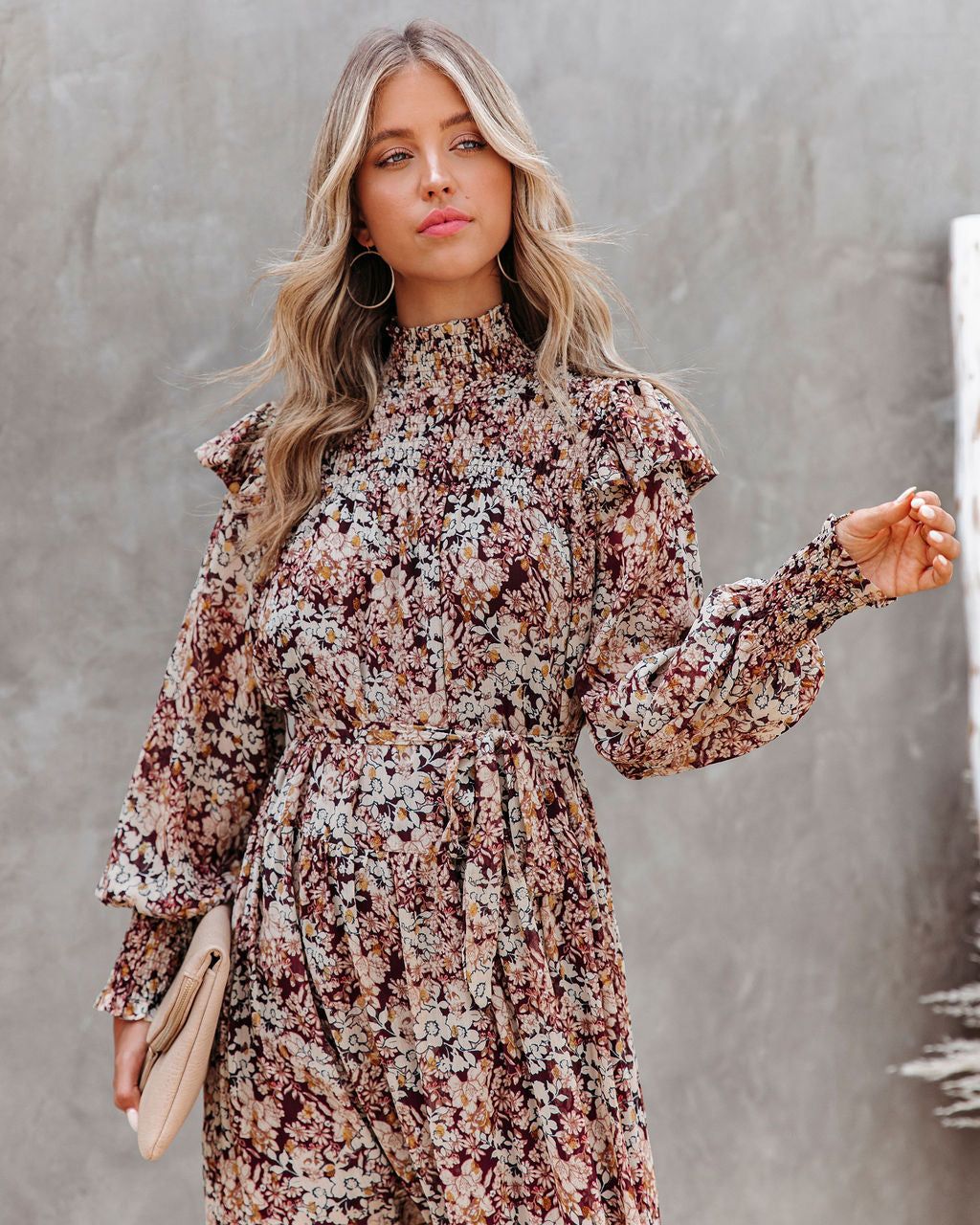 Black Cherry Floral Metallic Smocked Midi Dress - FINAL SALE sold by Vici product image thumbnail 10