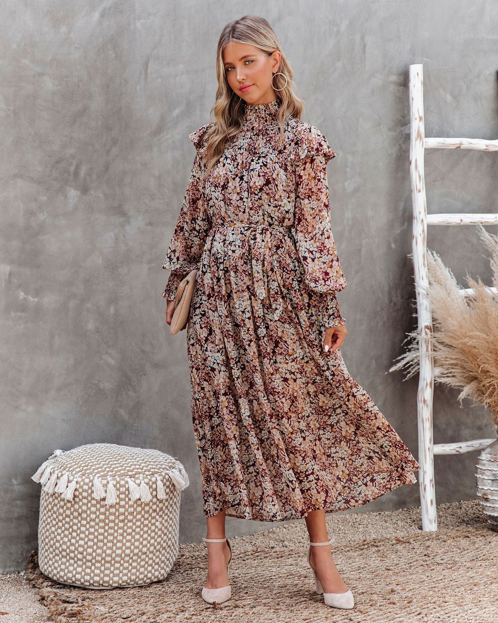 Black Cherry Floral Metallic Smocked Midi Dress - FINAL SALE sold by Vici