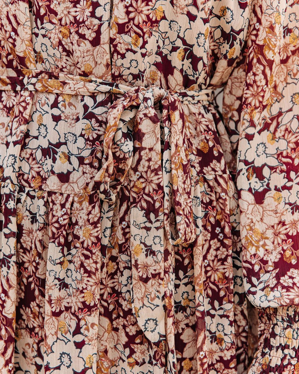 Black Cherry Floral Metallic Smocked Midi Dress - FINAL SALE sold by Vici product image thumbnail 4