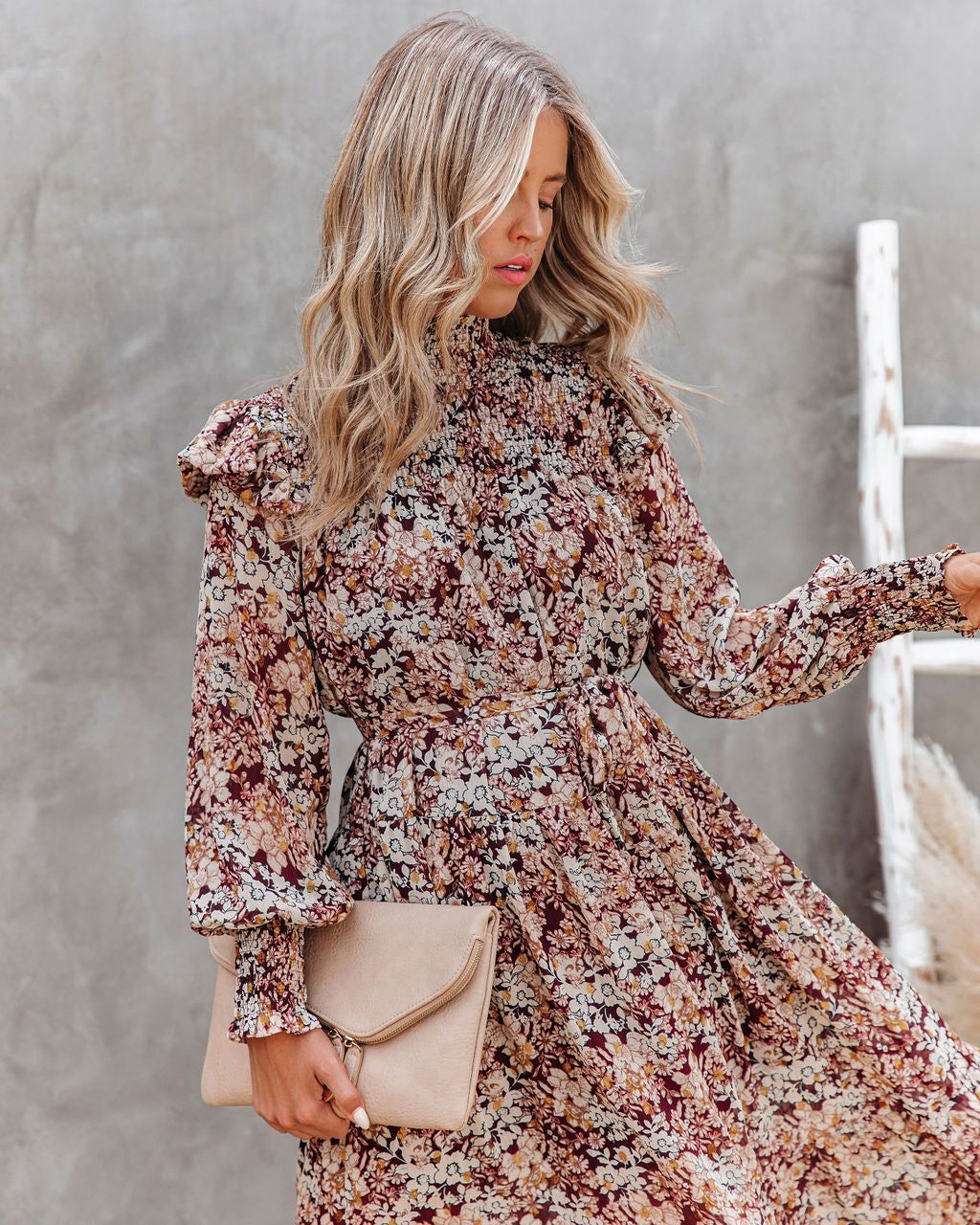 Black Cherry Floral Metallic Smocked Midi Dress - FINAL SALE sold by Vici product image thumbnail 6