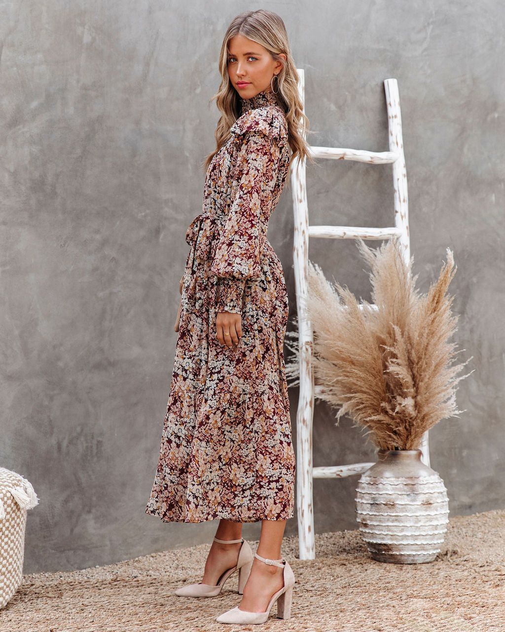 Black Cherry Floral Metallic Smocked Midi Dress - FINAL SALE sold by Vici product image thumbnail 7