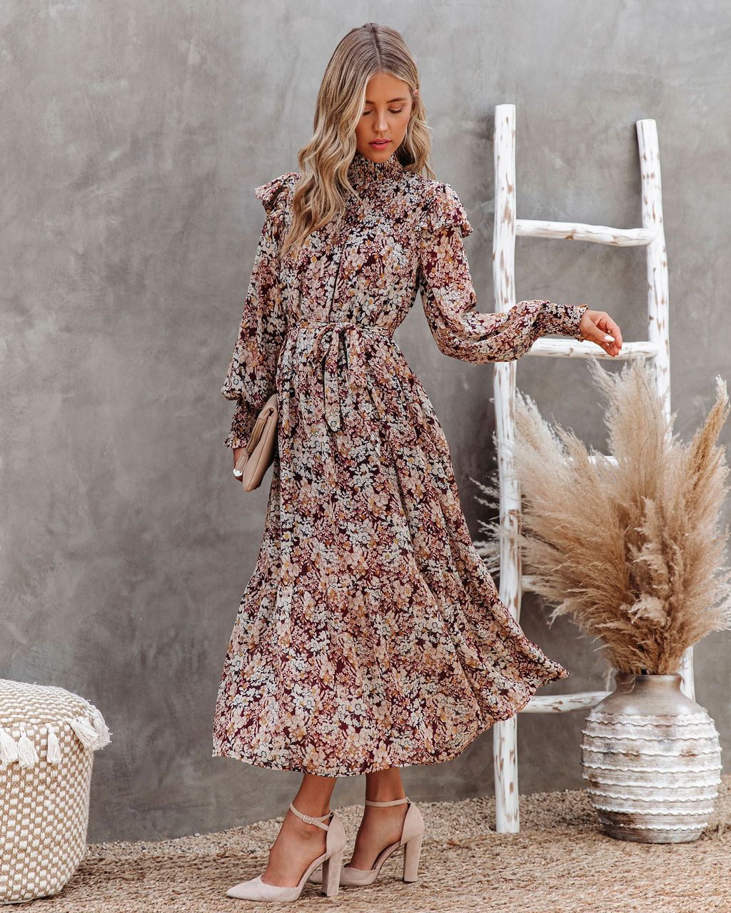 Black Cherry Floral Metallic Smocked Midi Dress - FINAL SALE sold by Vici product image thumbnail 3