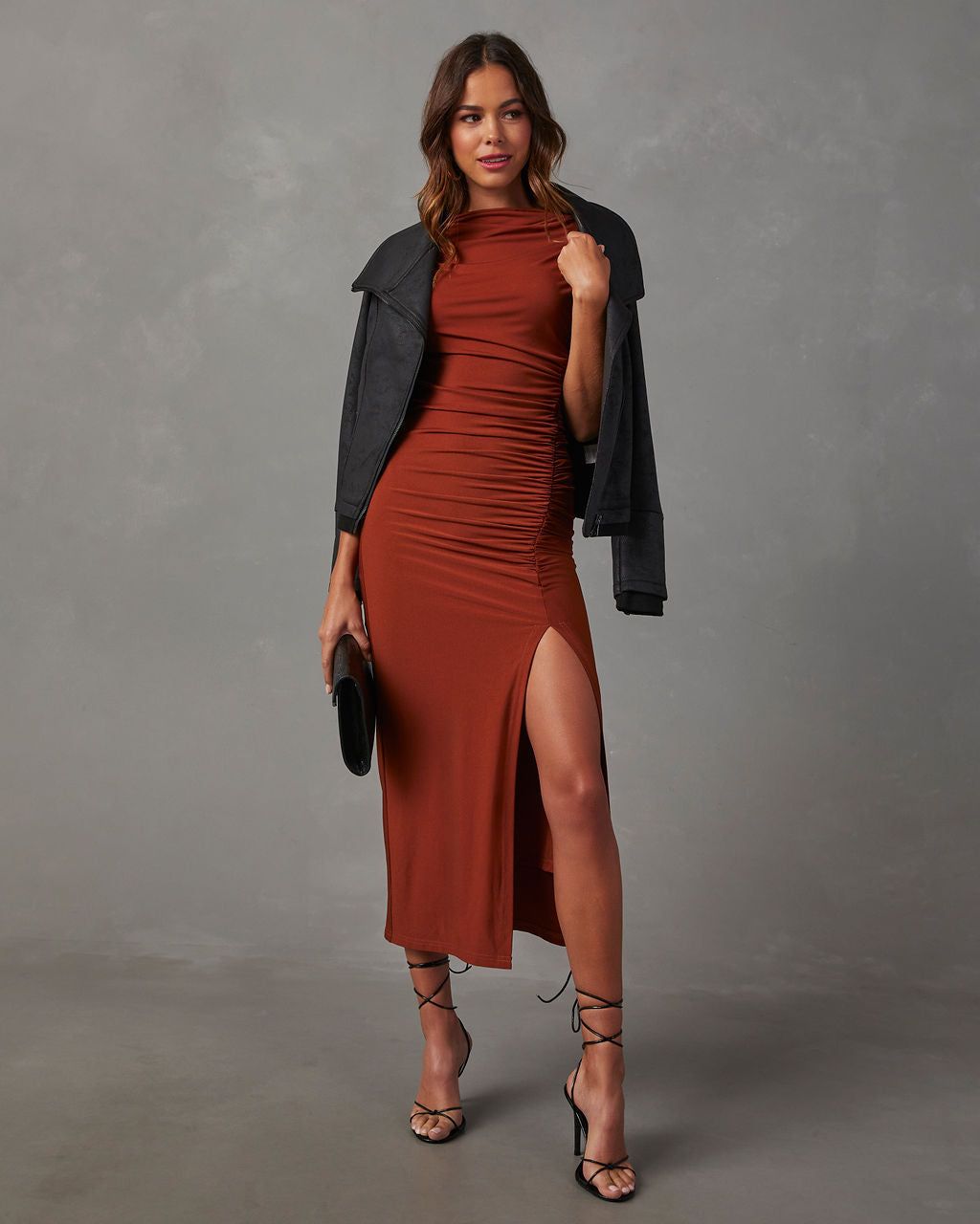 Elisabeth Mock Neck Side Slit Ruched Midi Dress - Rust sold by Vici