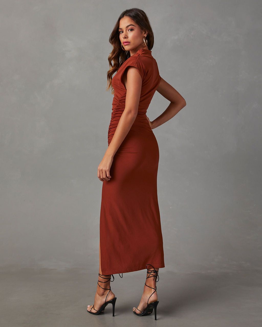 Elisabeth Mock Neck Side Slit Ruched Midi Dress - Rust sold by Vici product image thumbnail 4