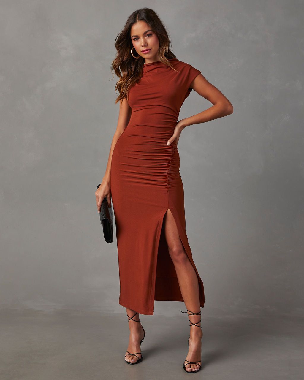 Elisabeth Mock Neck Side Slit Ruched Midi Dress - Rust sold by Vici product image thumbnail 6