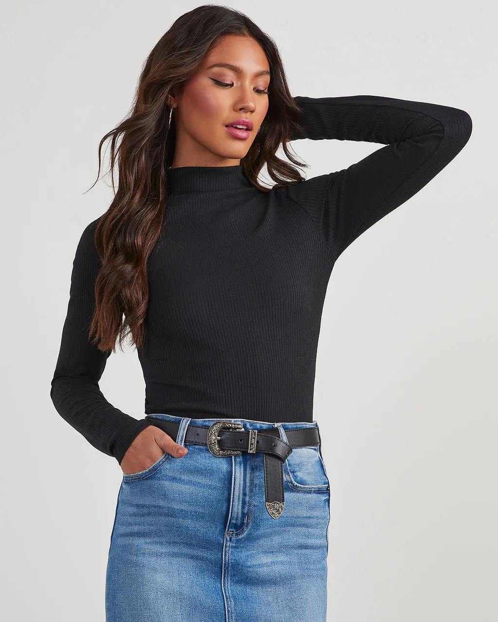 Never Average Mock Neck Ribbed Long Sleeve Top sold by Vici