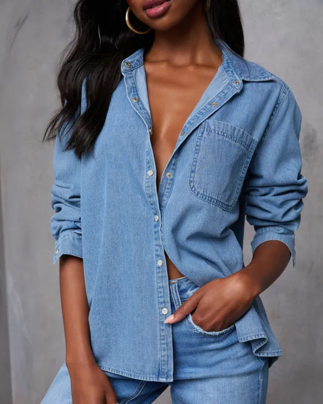 Juniper Haze Denim Button Down Top sold by Vici
