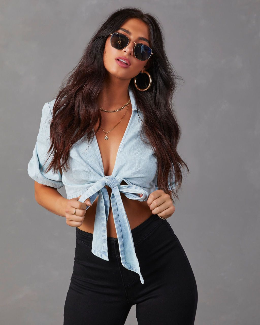 Netty Denim Wrap Top - Light Denim sold by Vici product image thumbnail 5