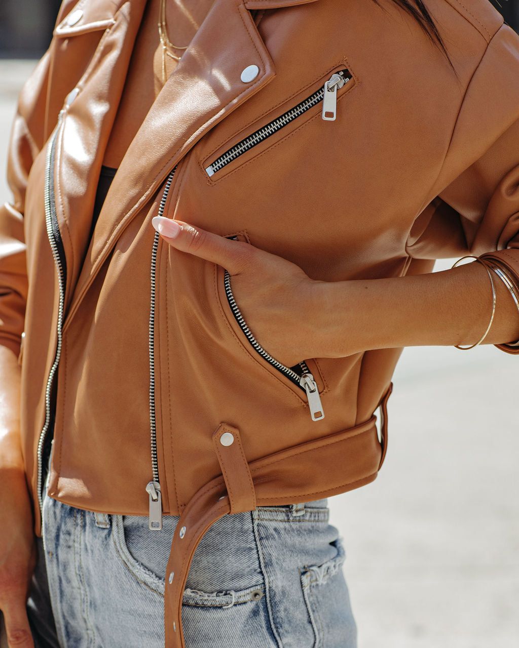 Lucia Pocketed Faux Leather Crop Moto Jacket - Biscotti - FINAL SALE sold by Vici product image thumbnail 4