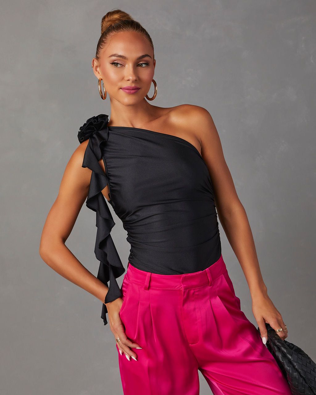Amarissa One Shoulder Rosette Ruffle Bodysuit - Black sold by Vici product image thumbnail 2