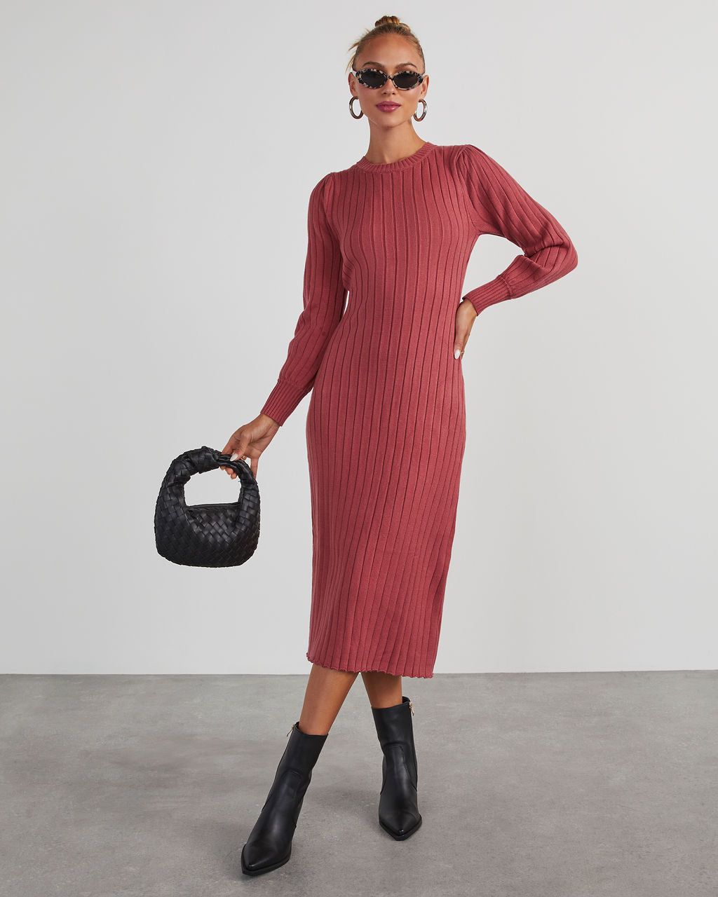 Robin Balloon Sleeve Sweater Midi Dress - Marsala sold by Vici