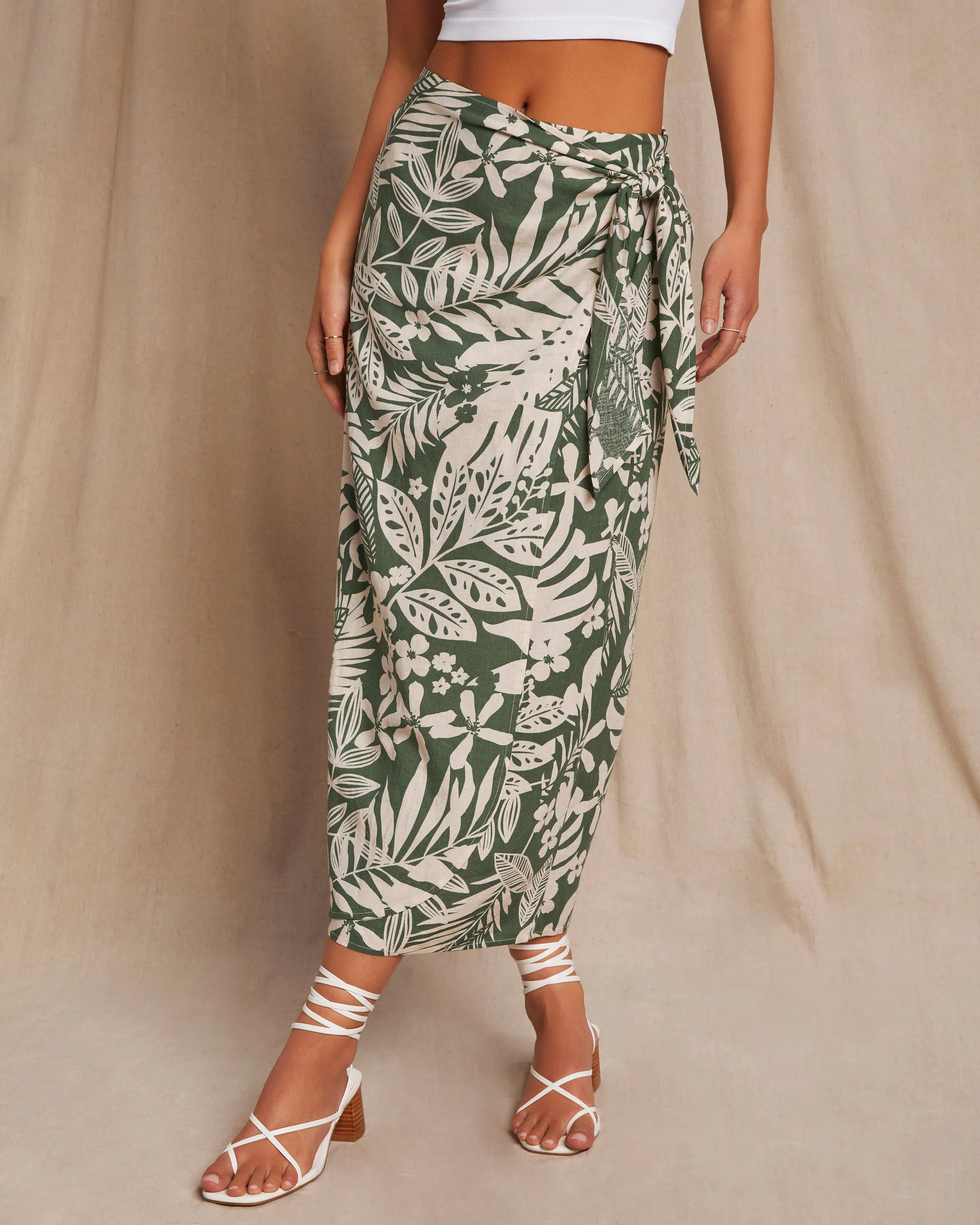 Kaanapali Linen Blend Palm Printed Wrap Midi Skirt sold by Vici product image thumbnail 3