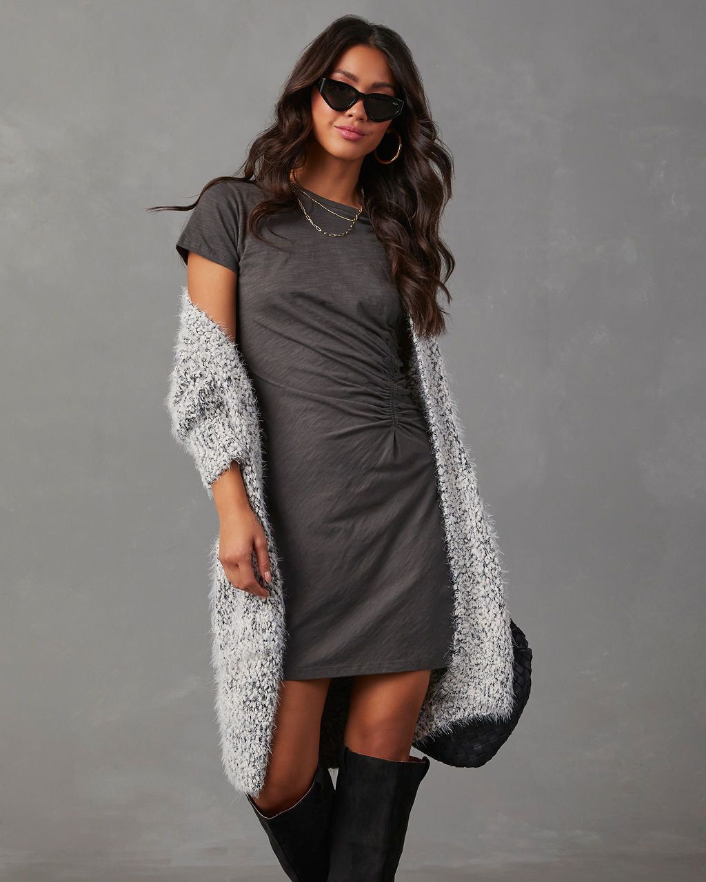 Janina Ruched Short Sleeve Mini T-Shirt Dress - Charcoal sold by Vici product image thumbnail 2
