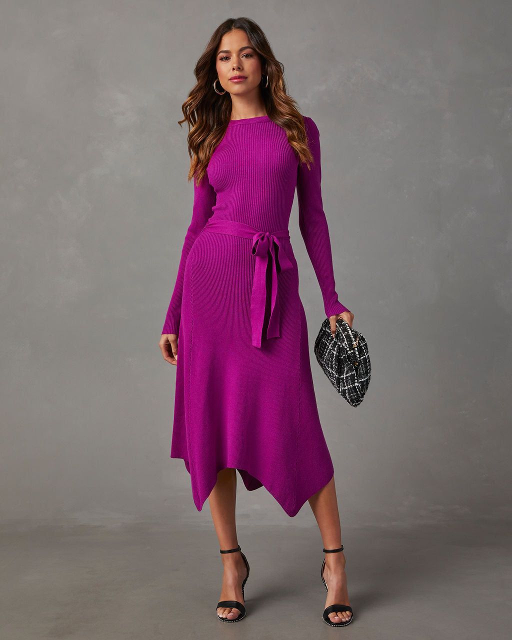 Lia Asymmetrical Hem Tie Waist Midi Sweater Dress - Orchid sold by Vici product image thumbnail 6