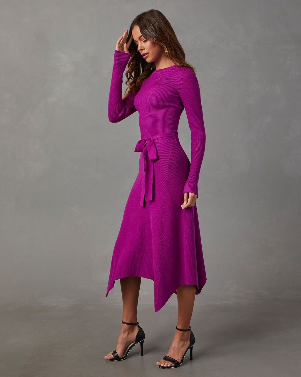 Lia Asymmetrical Hem Tie Waist Midi Sweater Dress - Orchid sold by Vici product image thumbnail 3