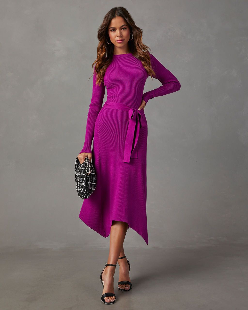 Lia Asymmetrical Hem Tie Waist Midi Sweater Dress - Orchid sold by Vici
