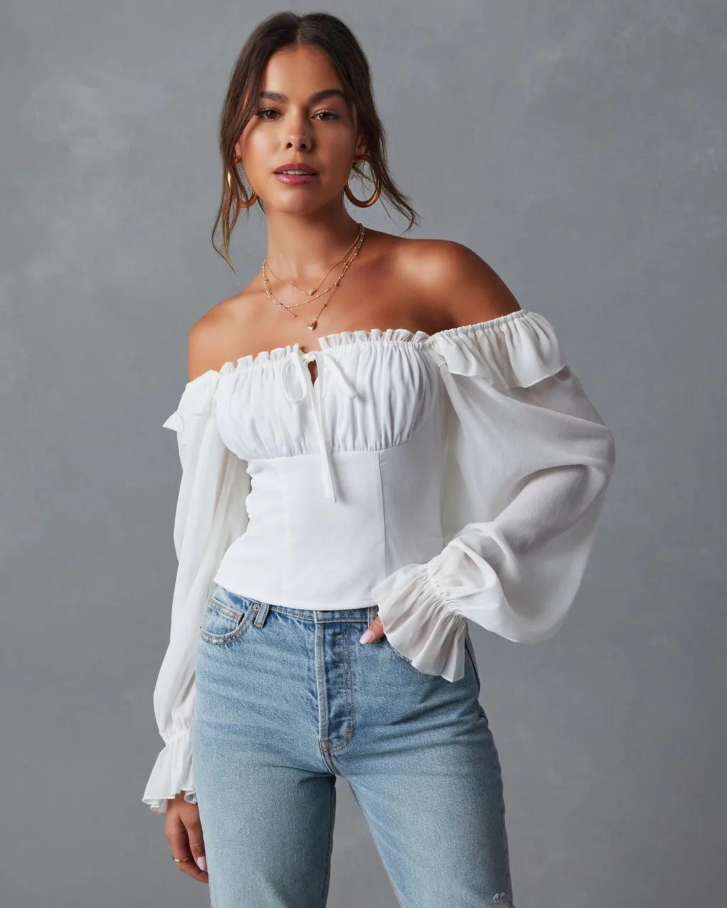 Julie Cropped Ruffle Shoulder Blouse sold by Vici