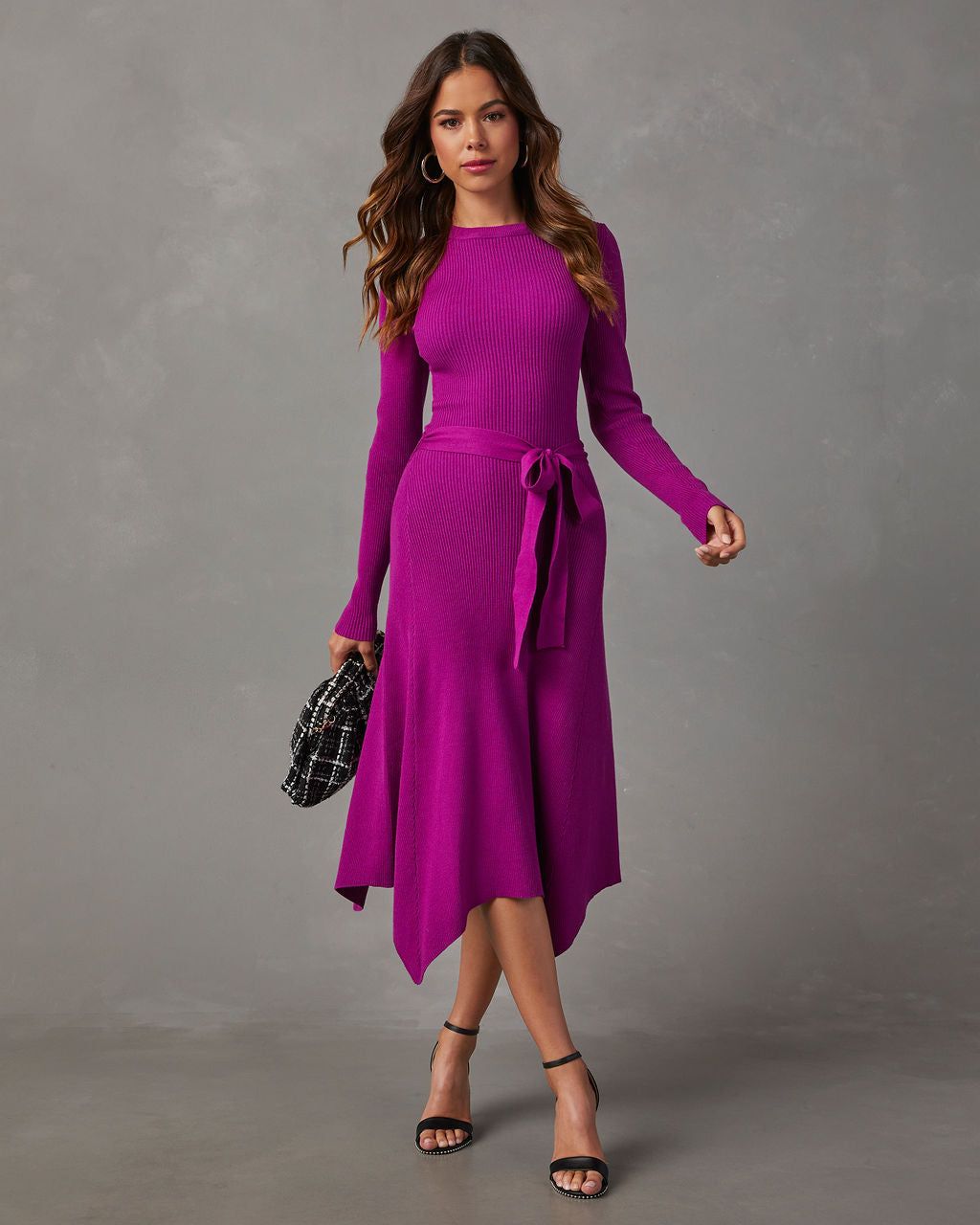 Lia Asymmetrical Hem Tie Waist Midi Sweater Dress - Orchid sold by Vici product image thumbnail 4