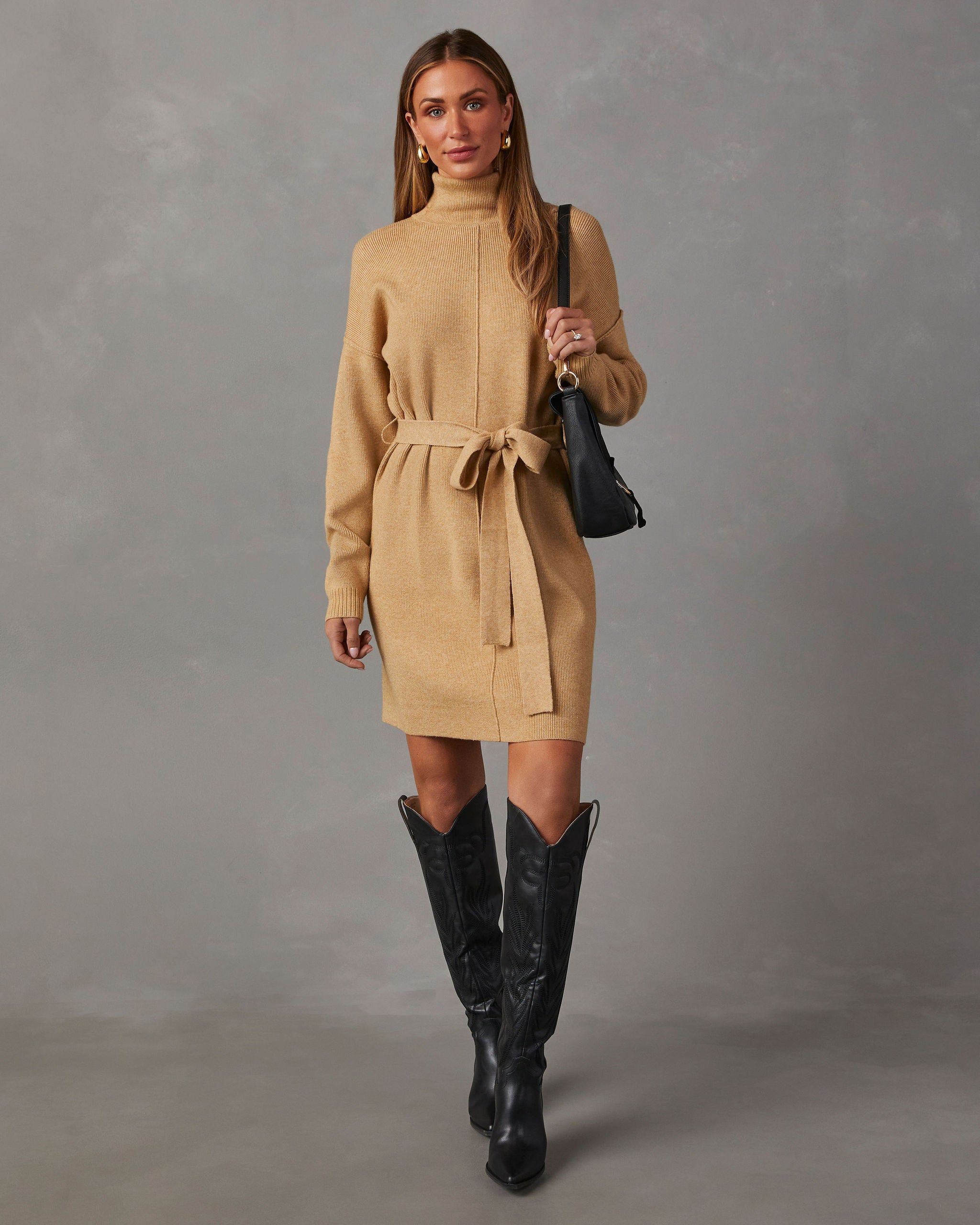 Marsella Tie Waist Mini Sweater Dress - Beige sold by Vici product image thumbnail 2