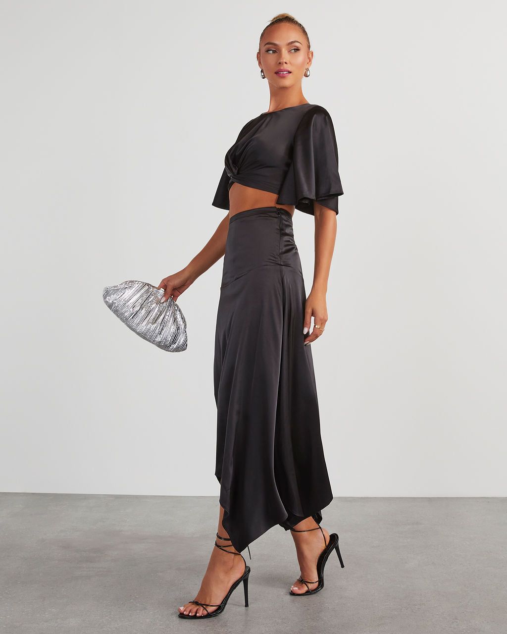 Belmore Satin Scarf Hem Midi Skirt - Black sold by Vici product image thumbnail 3