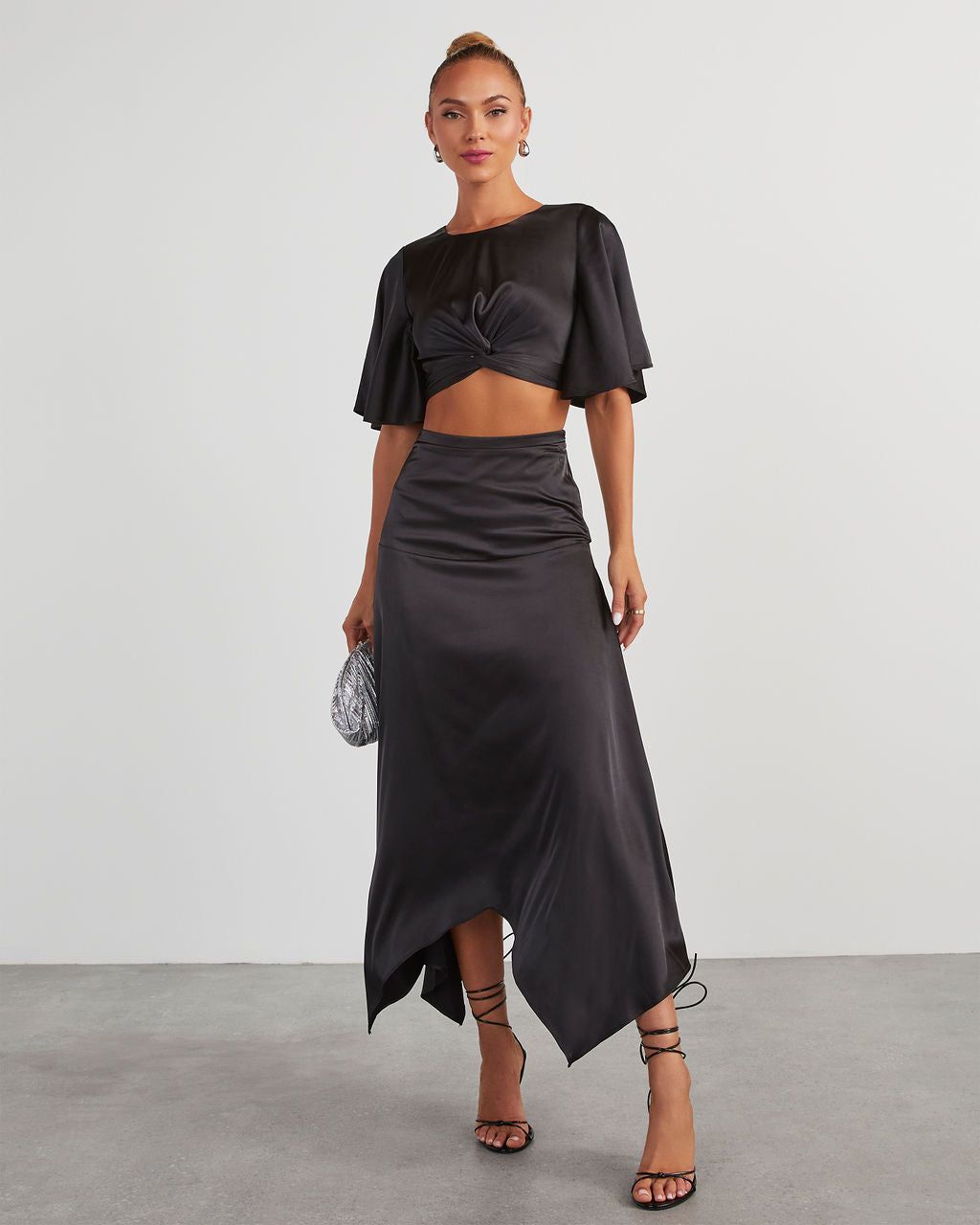 Belmore Satin Scarf Hem Midi Skirt - Black sold by Vici