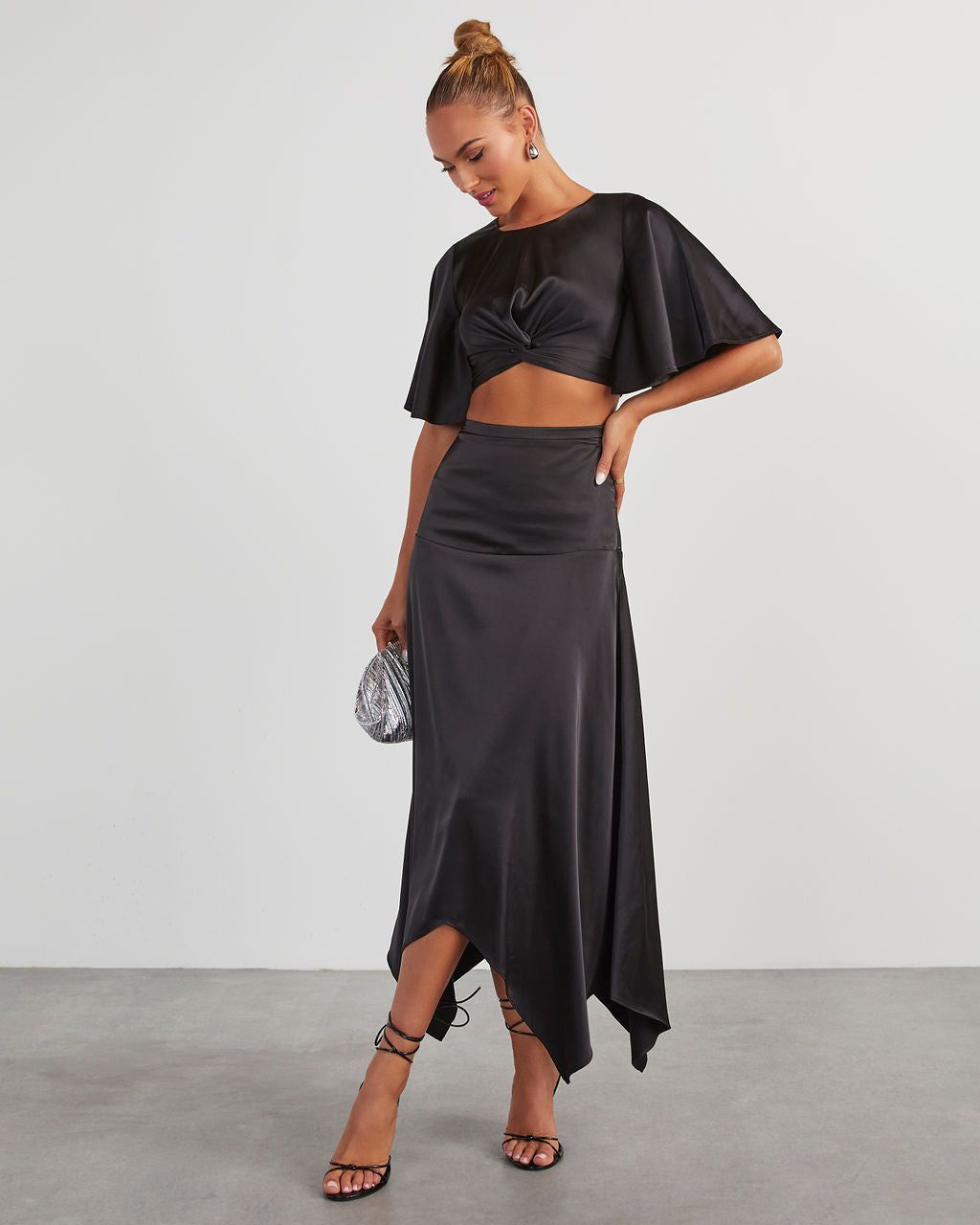 Belmore Satin Scarf Hem Midi Skirt - Black sold by Vici product image thumbnail 6