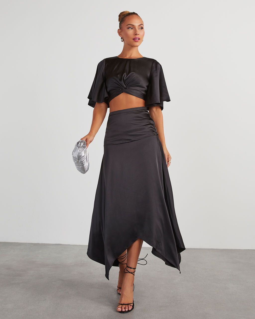 Belmore Satin Scarf Hem Midi Skirt - Black sold by Vici product image thumbnail 5