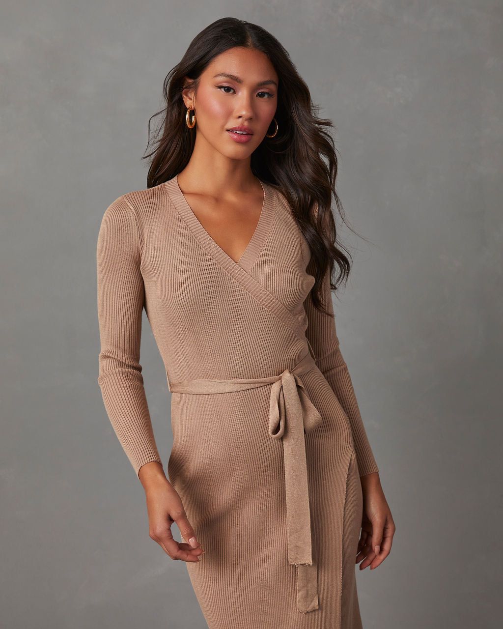 Tawny Long Sleeve Wrap Sweater Dress - Taupe sold by Vici product image thumbnail 5