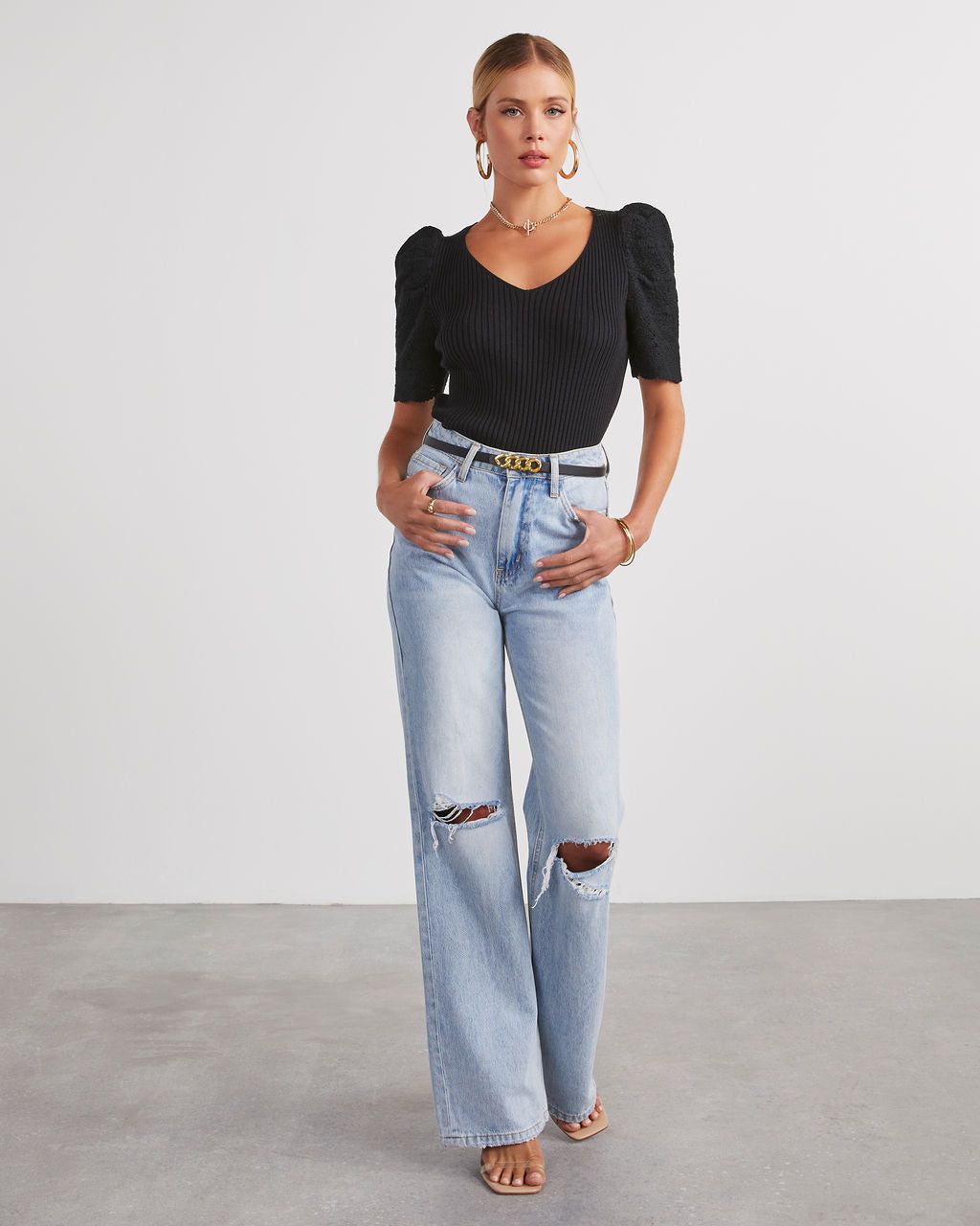 Tellulah Crochet Sleeve Sweater Knit Top - Black sold by Vici