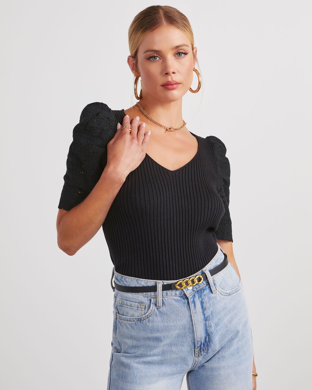 Tellulah Crochet Sleeve Sweater Knit Top - Black sold by Vici product image thumbnail 5