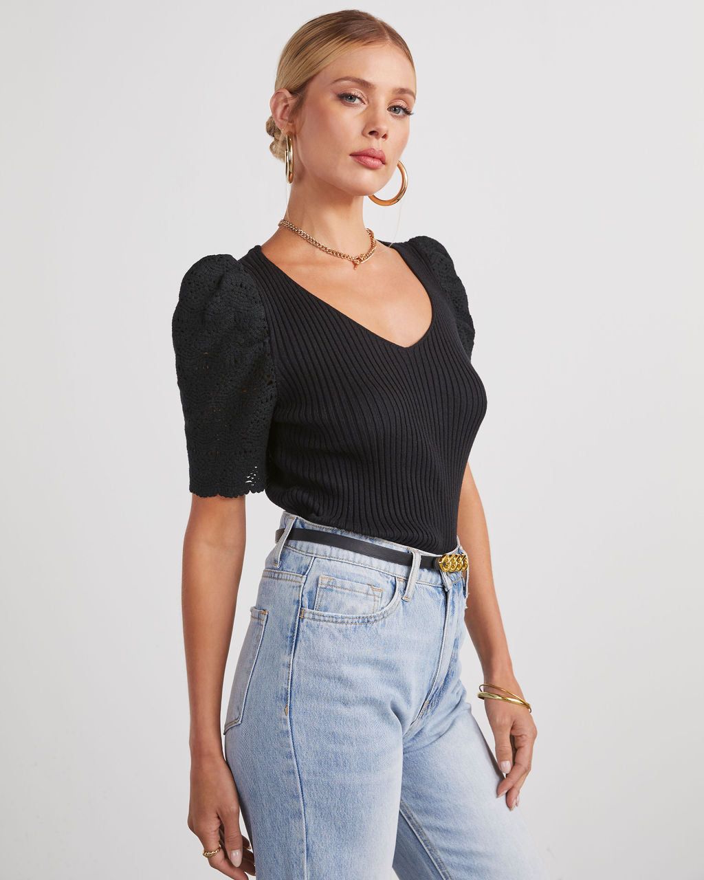 Tellulah Crochet Sleeve Sweater Knit Top - Black sold by Vici product image thumbnail 3