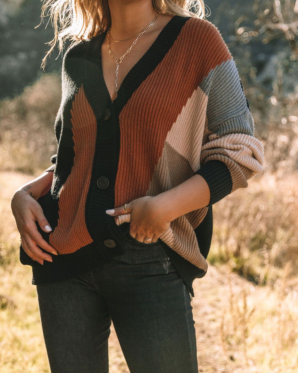 Glee Button Front Colorblock Cardigan - Black Multi - FINAL SALE sold by Vici product image thumbnail 4