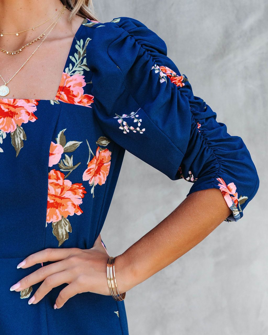 Life Is Peachy Floral Ruched Puff Sleeve Midi Dress sold by Vici product image thumbnail 2
