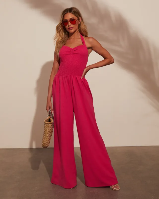 Dovie Smocked Halter Jumpsuit sold by Vici
