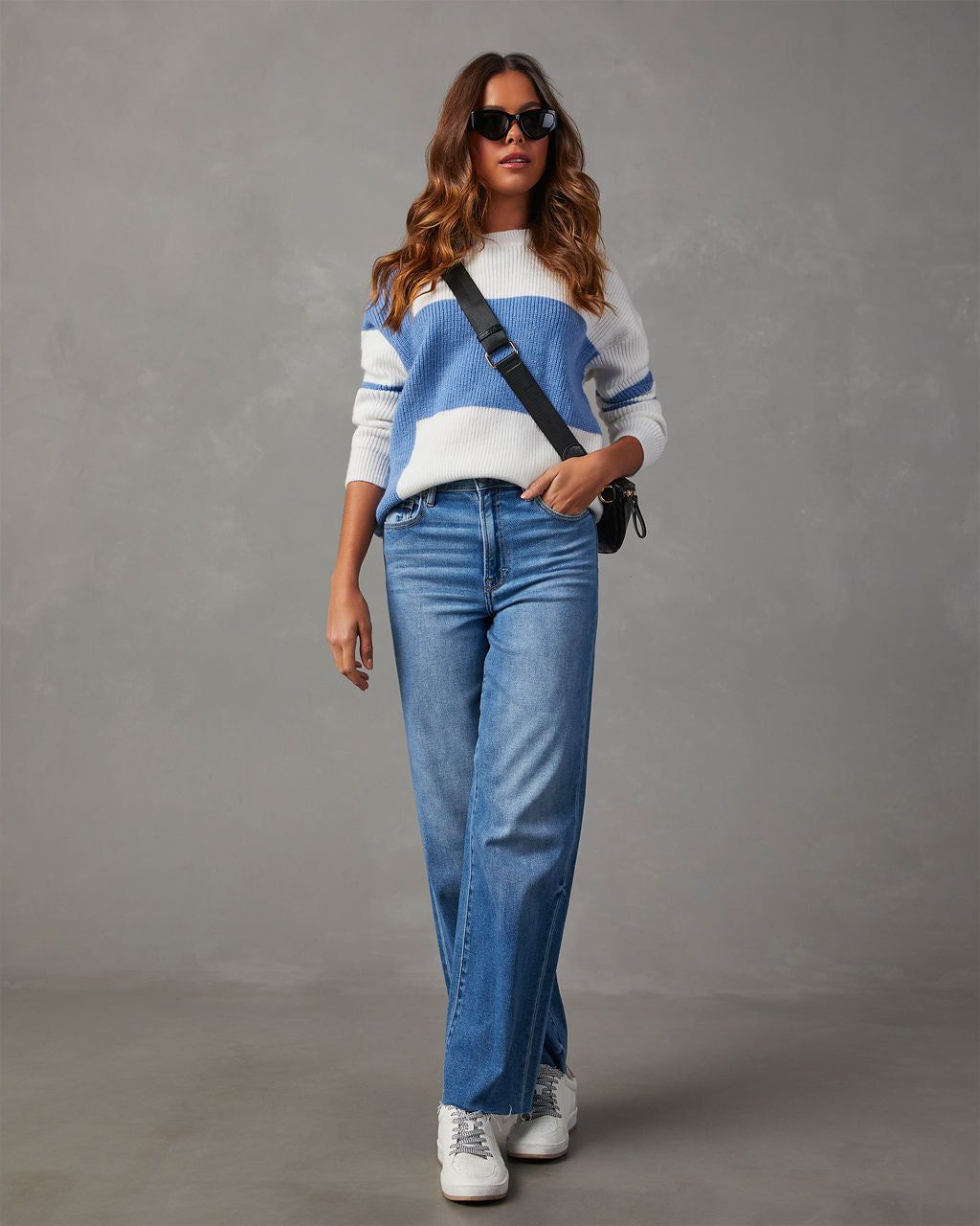 Homecoming Colorblock Knit Sweater - White/Blue sold by Vici