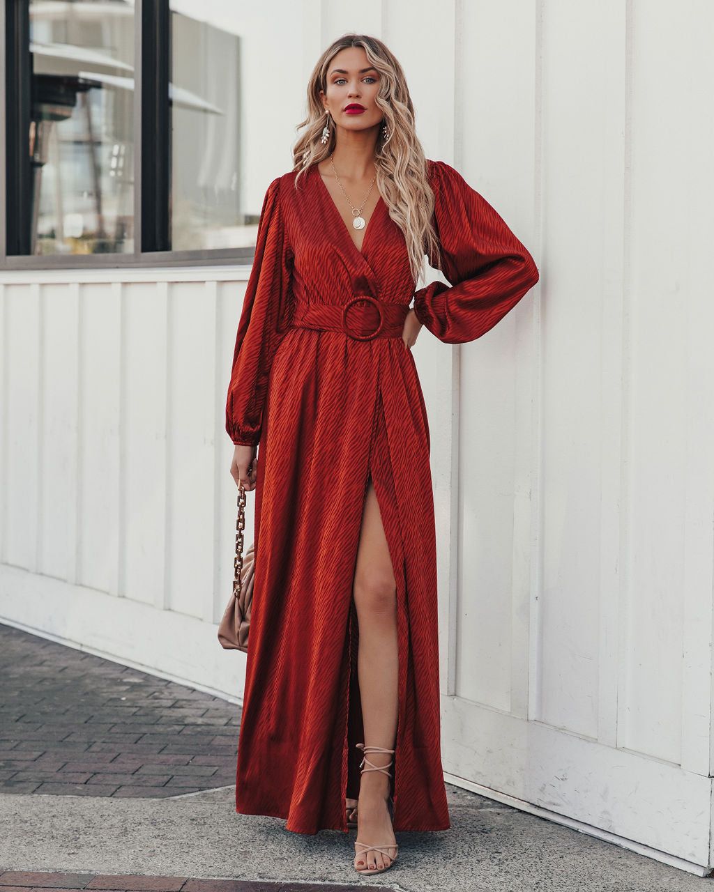 Glitzy Night Satin Belted Maxi Dress - FINAL SALE sold by Vici