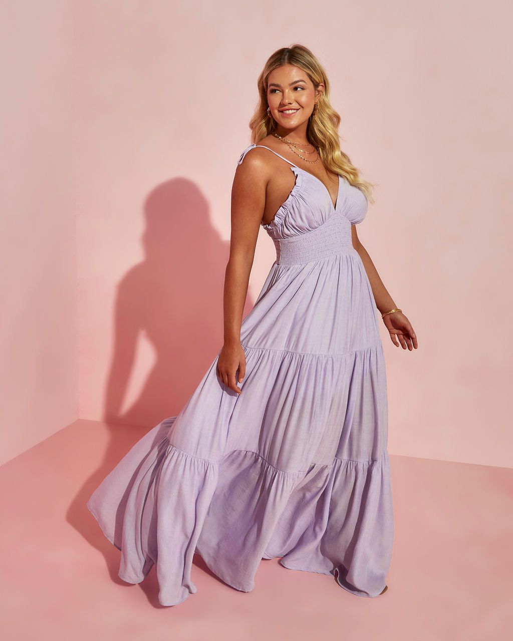 Whisked Away Smocked Halter Pocketed Tiered Maxi Dress - Lavender - FINAL SALE sold by Vici product image thumbnail 9