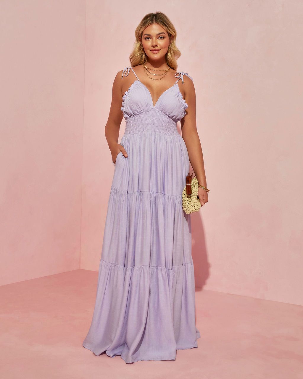 Whisked Away Smocked Halter Pocketed Tiered Maxi Dress - Lavender - FINAL SALE sold by Vici product image thumbnail 3