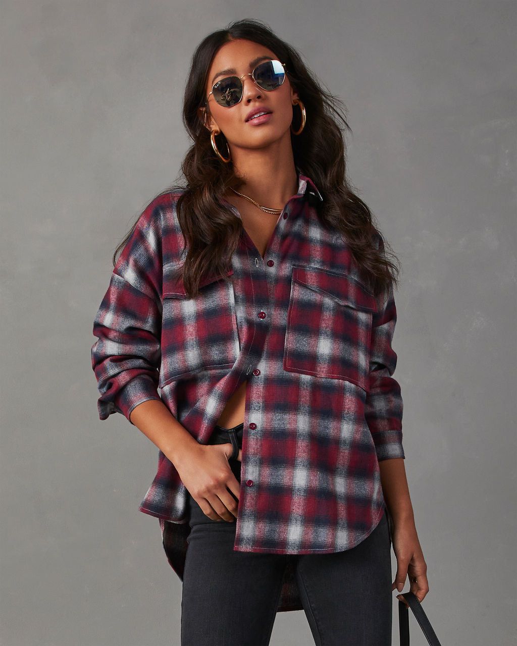 Petaluma Cotton Blend Plaid Button Down Top - Wine sold by Vici