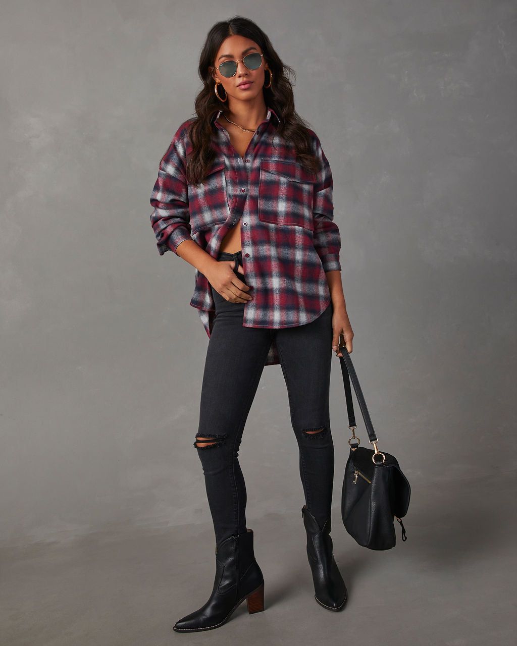 Petaluma Cotton Blend Plaid Button Down Top - Wine sold by Vici product image thumbnail 5