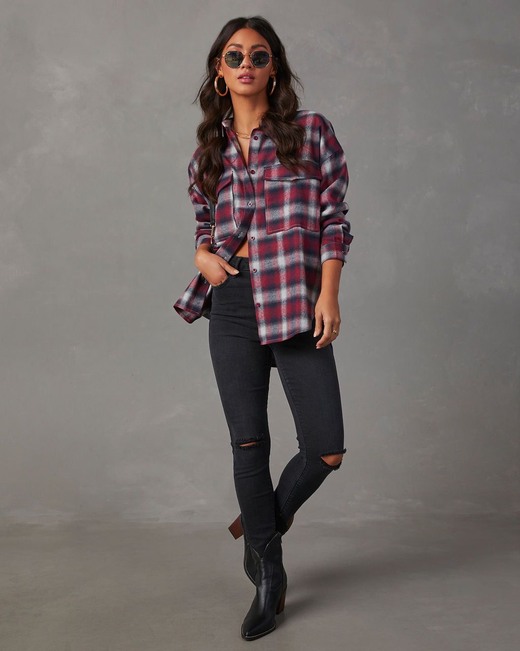 Petaluma Cotton Blend Plaid Button Down Top - Wine sold by Vici product image thumbnail 2