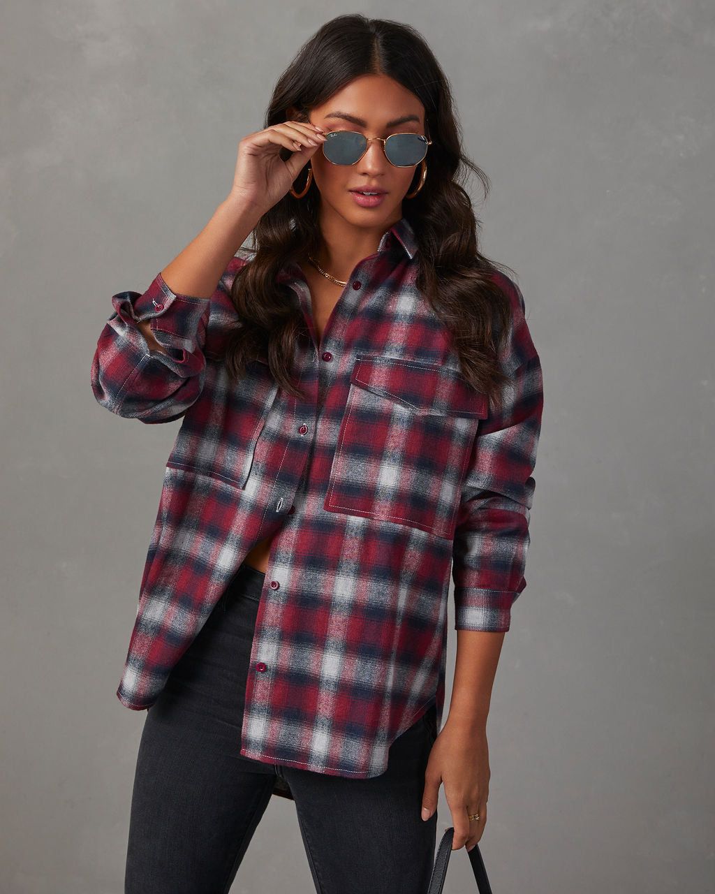 Petaluma Cotton Blend Plaid Button Down Top - Wine sold by Vici product image thumbnail 6