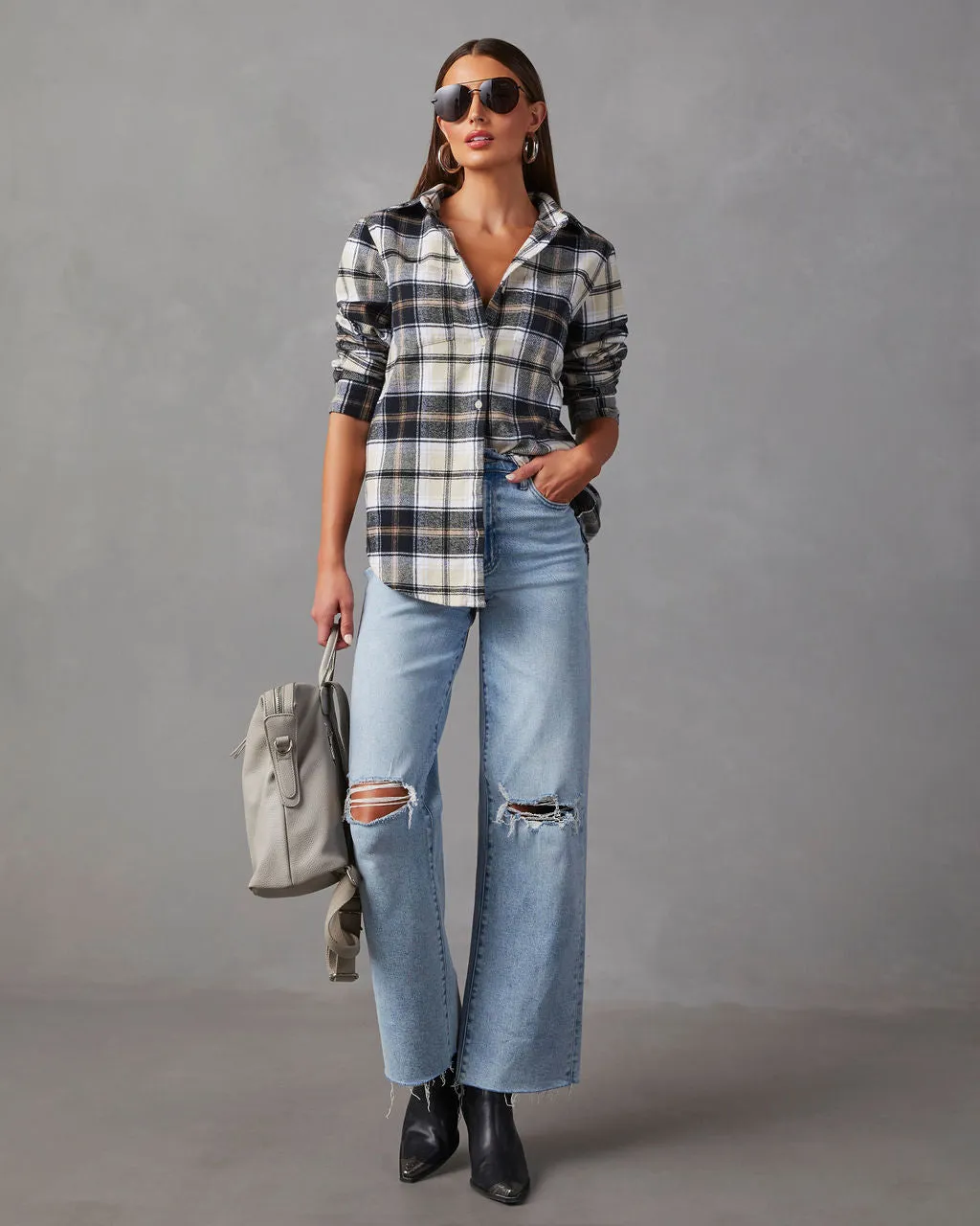 Guthrie Oversized Plaid Button Down Top sold by Vici