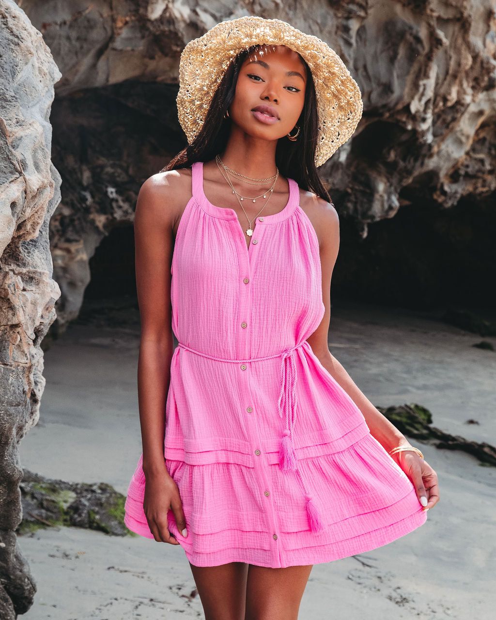 Tory Cotton Tassel Tie Mini Dress - Bubble Gum - FINAL SALE sold by Vici product image thumbnail 5