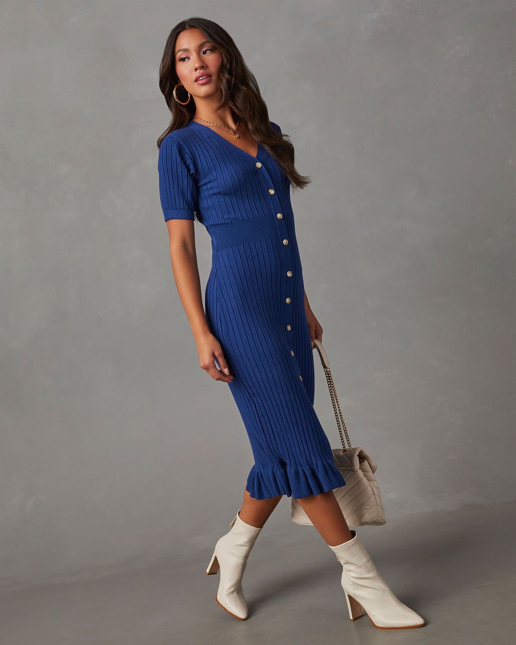 Jourdan Short Sleeve Button Front Sweater Dress - Blue sold by Vici product image thumbnail 3