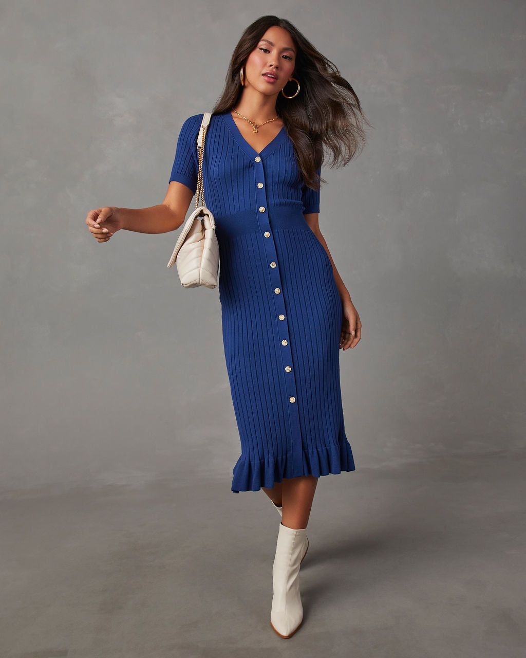 Jourdan Short Sleeve Button Front Sweater Dress - Blue sold by Vici product image thumbnail 6