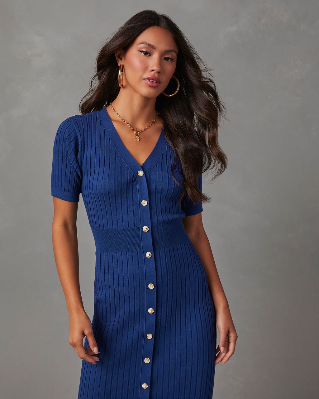 Jourdan Short Sleeve Button Front Sweater Dress - Blue sold by Vici product image thumbnail 5