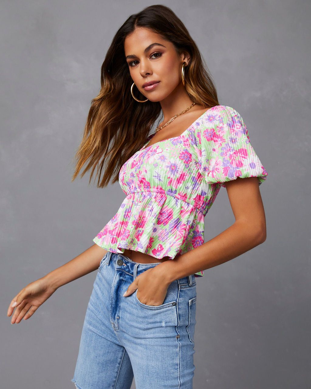 Front Row Floral Plisse Crop Top - FINAL SALE sold by Vici product image thumbnail 4