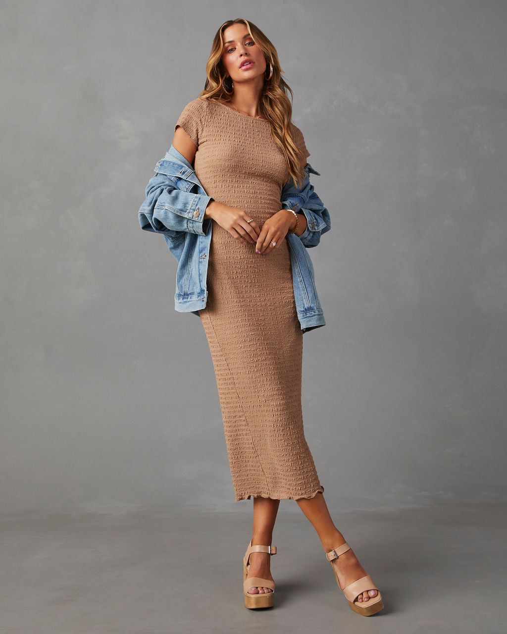 Uncomplicated Short Sleeve Bodycon Midi Dress sold by Vici